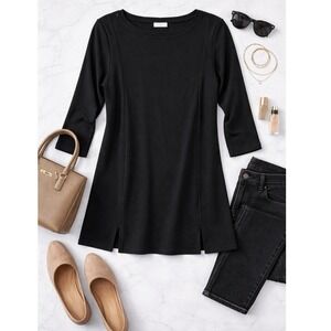 J. Jill Black Ponte Knit Tunic Top Boat Neck 3/4 Sleeve Side Slits KTP078581 M
